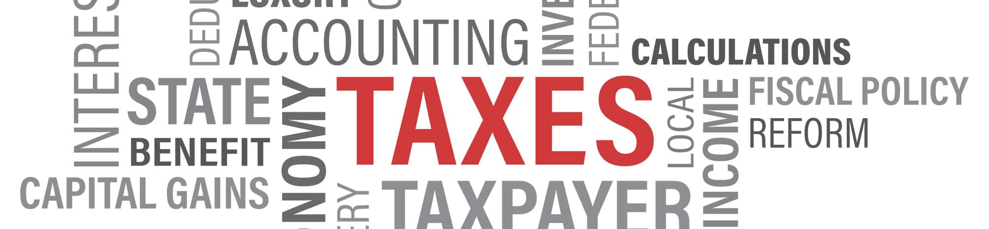A word cloud of tax terms, with 'Taxes' in large red letters